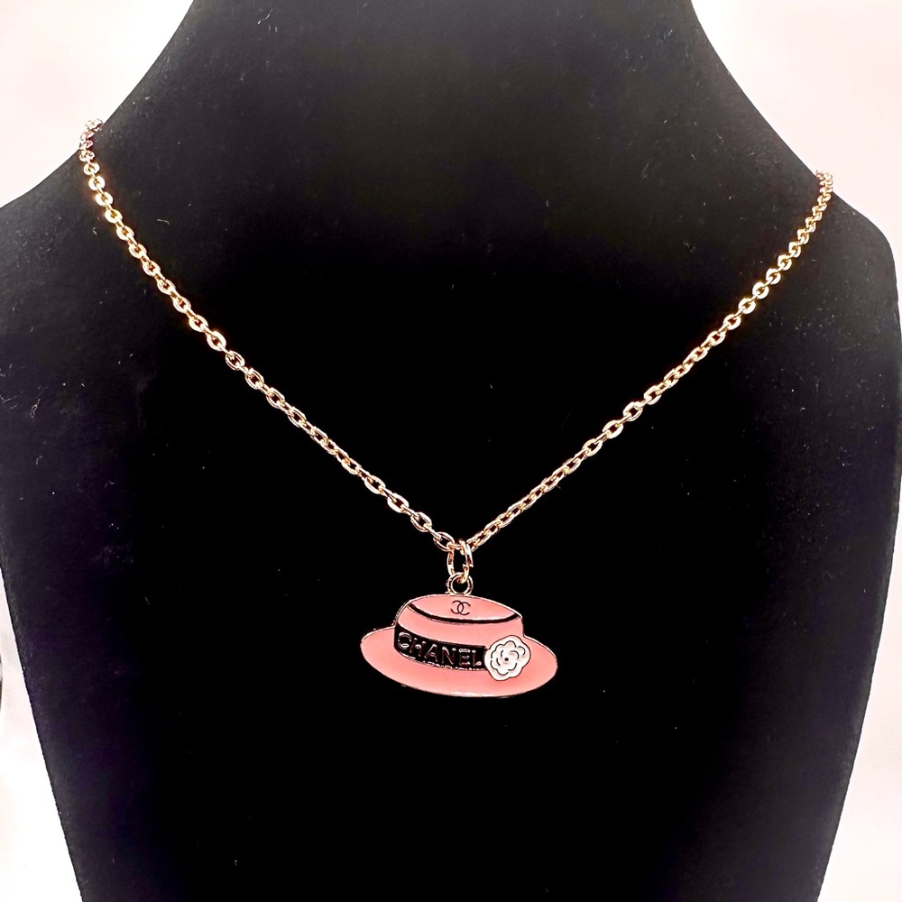 CC Gold and Pink Hat Pendant with Gold Plated Necklace